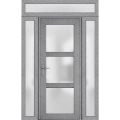 Front Exterior Prehung FiberGlass Door Frosted Glass / Manux 8552 Matte Black / 2 Sidelight and Transom Window / Office Commercial and Residential Doors Entrance Patio Garage-W14+36+14" x H80+14"-Right-hand Inswing Gray Ash