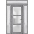 Front Exterior Prehung FiberGlass Door Frosted Glass / Manux 8552 Matte Black / 2 Sidelight and Transom Window / Office Commercial and Residential Doors Entrance Patio Garage-W14+36+14" x H80+14"-Left-hand Inswing Gray Ash