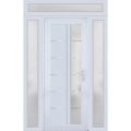 Front Exterior Prehung FiberGlass Door Frosted Glass / Manux 8088 Matte Black / 2 Sidelight and Transom Window / Office Commercial and Residential Doors Entrance Patio Garage-W14+36+14" x H80+14"-Left-hand Inswing White