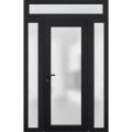 Front Exterior Prehung FiberGlass Door Frosted Glass / Manux 8102 White Silk / 2 Sidelight and Transom Window / Office Commercial and Residential Doors Entrance Patio Garage-W12+30+12" x H80+14"-Right-hand Inswing Black