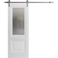 Sturdy Barn Door | Lucia 8822 White Silk with Frosted Glass | Silver 6.6FT Rail Hangers Heavy Hardware Set | Solid Panel Interior Doors White