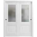 Sliding Closet Bypass Doors | Lucia 8822 White Silk with Frosted Glass | Sturdy Rails Moldings Trims Hardware Set | Wood Solid Bedroom Wardrobe Doors  White