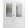 French Double Panel Lite Doors with Hardware | Lucia 8822 White Silk with Frosted Opaque Glass | Panel Frame Trims | Bathroom Bedroom Interior Sturdy Door White