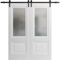 Sturdy Double Barn Door with | Lucia 8822 White Silk with Frosted Glass | 13FT Rail Hangers Heavy Set | Solid Panel Interior Doors White