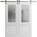 Sturdy Double Barn Door with | Lucia 8822 White Silk with Frosted Glass | Silver 13FT Rail Hangers Heavy Set | Solid Panel Interior Doors White