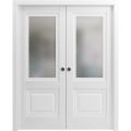 Sliding French Double Pocket Doors | Lucia 8822 White Silk with Frosted Glass | Kit Trims Rail Hardware | Solid Wood Interior Bedroom Sturdy Doors White