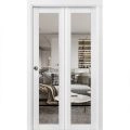 Sliding Closet Bi-fold Doors | Lucia 2666 White Silk with Clear Glass and Aluminum Strips | Sturdy Tracks Moldings Trims Hardware Set | Wood Solid Bedroom Wardrobe Doors White