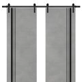 Sliding Double Barn Doors with Hardware | Planum 0011 Natural Veneer and Aluminum Strips | 13FT Rail Hangers Sturdy Set | Modern Solid Panel Interior Hall Bedroom Bathroom Door Concrete