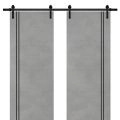 Sliding Double Barn Doors with Hardware | Planum 0016 Matte Grey and Aluminum Strips | 13FT Rail Hangers Sturdy Set | Modern Solid Panel Interior Hall Bedroom Bathroom Door Concrete