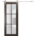 Sturdy Barn Door | Planum 2122 Matte Black with Frosted Glass and Aluminum Strips | 6.6FT Silver Rail Hangers Heavy Hardware Set | Modern Solid Panel Interior Doors Chocolate Ash