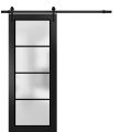 Sturdy Barn Door Frosted Tempered Glass | Planum 2132 Chocolate Ash with Frosted Glass and Aluminum Strips | 6.6FT Black Rail Hangers Heavy Hardware Set | Modern Solid Panel Interior Doors Black Matte