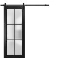 Sturdy Barn Door Frosted Tempered Glass | Planum 2122 Chocolate Ash and Aluminum Strips | 6.6FT Black Rail Hangers Heavy Hardware Set | Modern Solid Panel Interior Doors-32" x 84" Black Matte