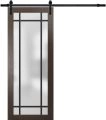 Sturdy Barn Door Frosted Tempered Glass | Planum 2112 Chocolate Ash and Aluminum Strips | 6.6FT Black Rail Hangers Heavy Hardware Set | Modern Solid Panel Interior Doors-32" x 96" Chocolate Ash
