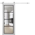Sturdy Barn Door | Lucia 2466 White Silk with Clear Glass and Aluminum Strips | 6.6FT Silver Rail Hangers Heavy Hardware Set | Modern Solid Panel Interior Doors White