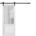 Sturdy Barn Door Frosted Glass 9 Lites | Felicia 3309 Matte White | 6.6FT Rail Hangers Heavy Hardware Set | Solid Panel Interior Doors-24" x 96" White