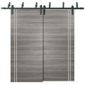 Sliding Closet Barn Bypass Doors with Hardware | Planum 0310 Matte Black and Aluminum Strips | Sturdy 6.6ft Rails Hardware Set | Modern Wood Solid Bedroom Wardrobe Doors Ginger Ash