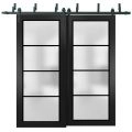Sliding Closet Frosted Glass Barn Bypass Doors with Hardware | Planum 2132 Matte Black and Aluminum Strips | Sturdy 6.6ft Rails Hardware Set | Modern Wood Solid Bedroom Wardrobe Doors -84" x 80" (2* 42x80) Black Matte