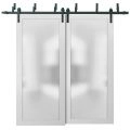 Sliding Closet Frosted Glass Barn Bypass Doors with Hardware | Planum 2102 Honey Ash | Sturdy 6.6ft Rails Hardware Set | Modern Wood Solid Bedroom Wardrobe Doors -36" x 84" (2* 18x84) White