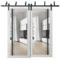 Sliding Closet Barn Bypass Doors | Lucia 2566 White Silk with Clear Glass and Aluminum Strips | Sturdy 6.6ft Rails Hardware Set | Wood Solid Bedroom Wardrobe Doors White