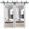 Sliding Closet Barn Bypass Doors | Lucia 2666 White Silk with Clear Glass and Aluminum Strips | Sturdy 6.6ft Rails Hardware Set | Wood Solid Bedroom Wardrobe Doors White