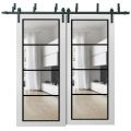 Sliding Closet Clear Glass Barn Bypass Doors | Lucia 2466 Matte Black and Aluminum Strips | Sturdy 6.6ft Rails Hardware Set | Wood Solid Bedroom Wardrobe Doors -72" x 84" (2* 36x84) White