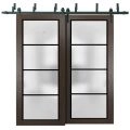Sliding Closet Frosted Glass Barn Bypass Doors with Hardware | Planum 2132 Matte Black and Aluminum Strips | Sturdy 6.6ft Rails Hardware Set | Modern Wood Solid Bedroom Wardrobe Doors -84" x 80" (2* 42x80) Chocolate Ash