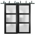Barn Bypass Doors with 6.6ft Hardware | Lucia 2552 White Silk with Frosted Glass | Sturdy Heavy Duty Rails Kit Steel Set | Double Sliding Lite Panel Door Black Matte