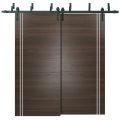 Sliding Closet Barn Bypass Doors with Hardware | Planum 0310 Matte Black and Aluminum Strips | Sturdy 6.6ft Rails Hardware Set | Modern Wood Solid Bedroom Wardrobe Doors Chocolate Ash