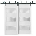 Sliding Closet 3 Lites Barn Bypass Doors | Lucia 4070 White Silk with Frosted Glass | Sturdy 6.6ft Rails Hardware Set | Wood Solid Bedroom Wardrobe Doors  White