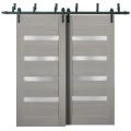 Barn Bypass Doors 84 x 84 with 6.6ft Hardware | Quadro 4113 Matte Black with Frosted Opaque Glass | Sturdy Heavy Duty Rails Kit Steel Set | Double Sliding Lite Panel Door Ginger Ash