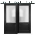 Sliding Closet Barn Bypass Doors | Lucia 22 White Silk with Frosted Glass | Sturdy 6.6ft Rails Hardware Set | Wood Solid Bedroom Wardrobe Doors  Black Matte