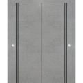 Sliding Closet Bypass Doors | Planum 0016 Matte Grey and Aluminum Strips | Sturdy Rails Moldings Trims Hardware Set | Wood Solid Bedroom Wardrobe Doors Concrete
