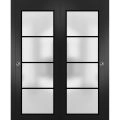 Sliding Closet Bypass Doors with Hardware | Planum 2132 Matte Black with Frosted Glass and Aluminum Strips | Sturdy Rails Moldings Trims Hardware Set | Modern Wood Solid Bedroom Wardrobe Doors Black Matte