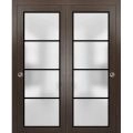 Sliding Closet Bypass Doors with Hardware | Planum 2132 Matte Black with Frosted Glass and Aluminum Strips | Sturdy Rails Moldings Trims Hardware Set | Modern Wood Solid Bedroom Wardrobe Doors Chocolate Ash