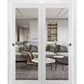 Sliding Closet Bypass Doors | Lucia 2166 Matte Black with Clear Glass | Sturdy Rails Moldings Trims Hardware Set | Wood Solid Bedroom Wardrobe Doors White