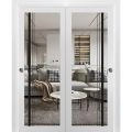 Sliding Closet Bypass Doors with | Lucia 2566 White Silk with Clear Glass and Aluminum Strips | Sturdy Rails Moldings Trims Hardware Set | Wood Solid Bedroom Wardrobe Doors White