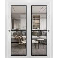 Sliding Closet Bypass Doors with Clear Glass | Lucia 2466 Matte Black and Aluminum Strips | Sturdy Rails Moldings Trims Hardware Set | Wood Solid Bedroom Wardrobe Doors-72" x 96" (2* 36x96) White
