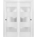 Sliding Closet 3 Lites Bypass Doors | Lucia 4070 White Silk with Frosted Glass | Sturdy Rails Moldings Trims Hardware Set | Wood Solid Bedroom Wardrobe Doors  White