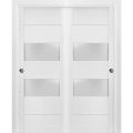 Sliding Closet 2 lites Bypass Doors | Lucia 4010 White Silk with Frosted Glass | Sturdy Rails Moldings Trims Hardware Set | Wood Solid Bedroom Wardrobe Doors  White