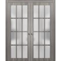 Sliding French Double Pocket Doors Frosted Glass 12 Lites | Felicia 3312 Matte Black | Kit Trims Rail Hardware | Solid Wood Interior Bedroom Sturdy Doors -48" x 96" (2* 24x96) Ginger Ash