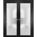 Sliding French Double Pocket Doors | Planum 2102 White Silk with Frosted Glass | Kit Trims Rail Hardware | Solid Wood Interior Bedroom Sturdy Doors Black Matte