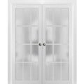 Sliding French Double Pocket Doors Frosted Glass 12 Lites | Felicia 3312 Matte Black | Kit Trims Rail Hardware | Solid Wood Interior Bedroom Sturdy Doors -48" x 96" (2* 24x96) White