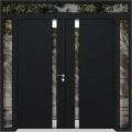 Front Exterior Prehung Aluminum Double Doors / Cynex 6777 Black / 2 Sidelights and Top Transom / Mirrored Clear Glass Modern Painted 100x110 (W14+72+14" x H96+14") Left hand Inswing Black