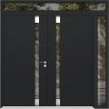 Front Exterior Prehung Aluminum Double Doors / Cynex 6777 Black / 1 Sidelight and Top Transom / Mirrored Clear Glass Modern Painted 88x110 (W72+16" x H96+14") Right hand Inswing Black