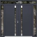 Front Exterior Prehung Aluminum Double Doors / Cynex 6777 Black / 2 Sidelights and Top Transom / Mirrored Clear Glass Modern Painted 100x110 (W14+72+14" x H96+14") Left hand Inswing Gray Graphite
