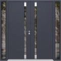 Front Exterior Prehung Aluminum Double Doors / Cynex 6777 Black / 2 Sidelights / Mirrored Clear Glass Modern Painted 104x80 (W16+72+16" x H80") Left hand Outswing Gray Graphite