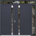 Front Exterior Prehung Aluminum Double Doors / Cynex 6777 Black / 1 Sidelight and Top Transom / Mirrored Clear Glass Modern Painted 88x92 (W72+16" x H80+12") Left hand Outswing Gray Graphite