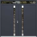 Front Exterior Prehung Aluminum Double Doors / Cynex 6777 Black / Top Transom / Mirrored Clear Glass Modern Painted (W72" x H96+14") Left hand Inswing Gray Graphite