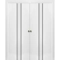 Sliding Closet Double Bi-fold Doors | Planum 0016 Concrete and Aluminum Strips | Sturdy Tracks Moldings Trims Hardware Set | Wood Solid Bedroom Wardrobe Doors White