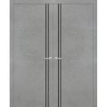Solid French Double Doors | Planum 0016 White Silk and Aluminum Strips | Wood Solid Panel Frame Trims | Closet Bedroom-64" x 80" (2* 32x80) Concrete